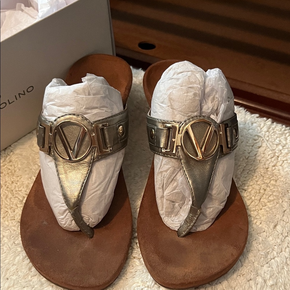 Valentino Metallic Gold V-Emblem Thong Sandals
